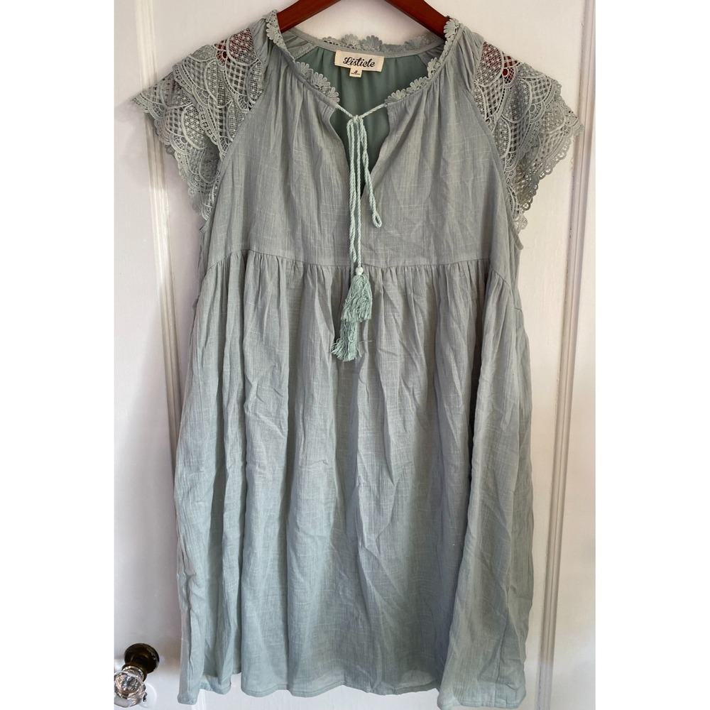 Listicle Womens Small Mini Flutter Lace Sleeves Pale Green w Pockets Tie Tassle
